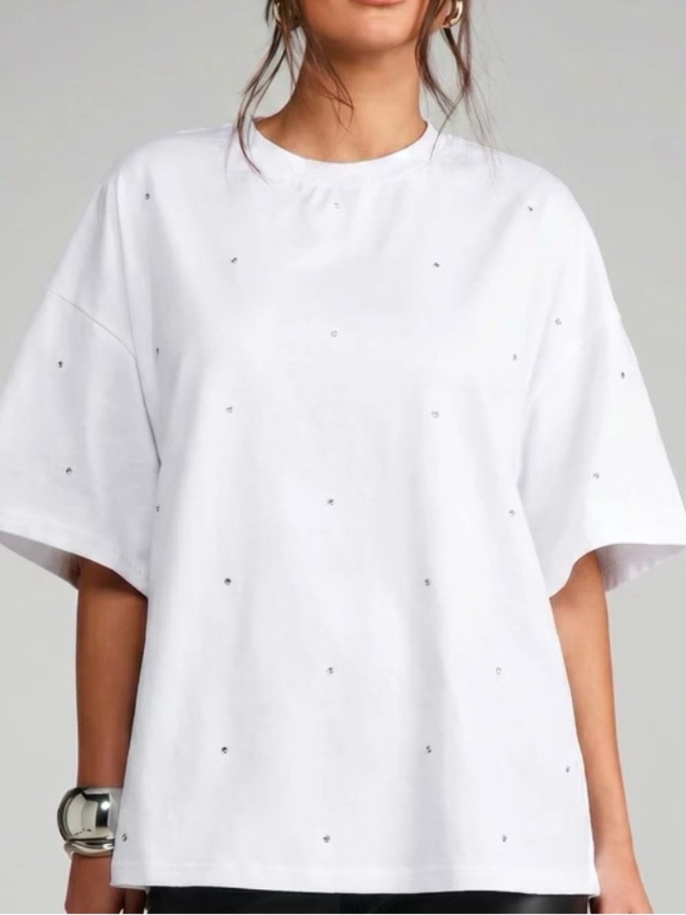 White Rhinestone Scatter Oversized Cotton Tee Size S NWT